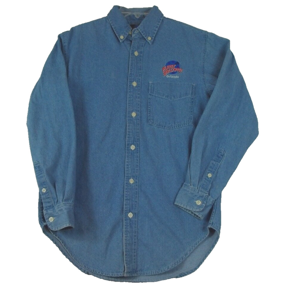VINTAGE‎ PLANET HOLLYWOOD BUTTON UP DENIM SHIRT 1991 MENS SIZE SMALL BLUE